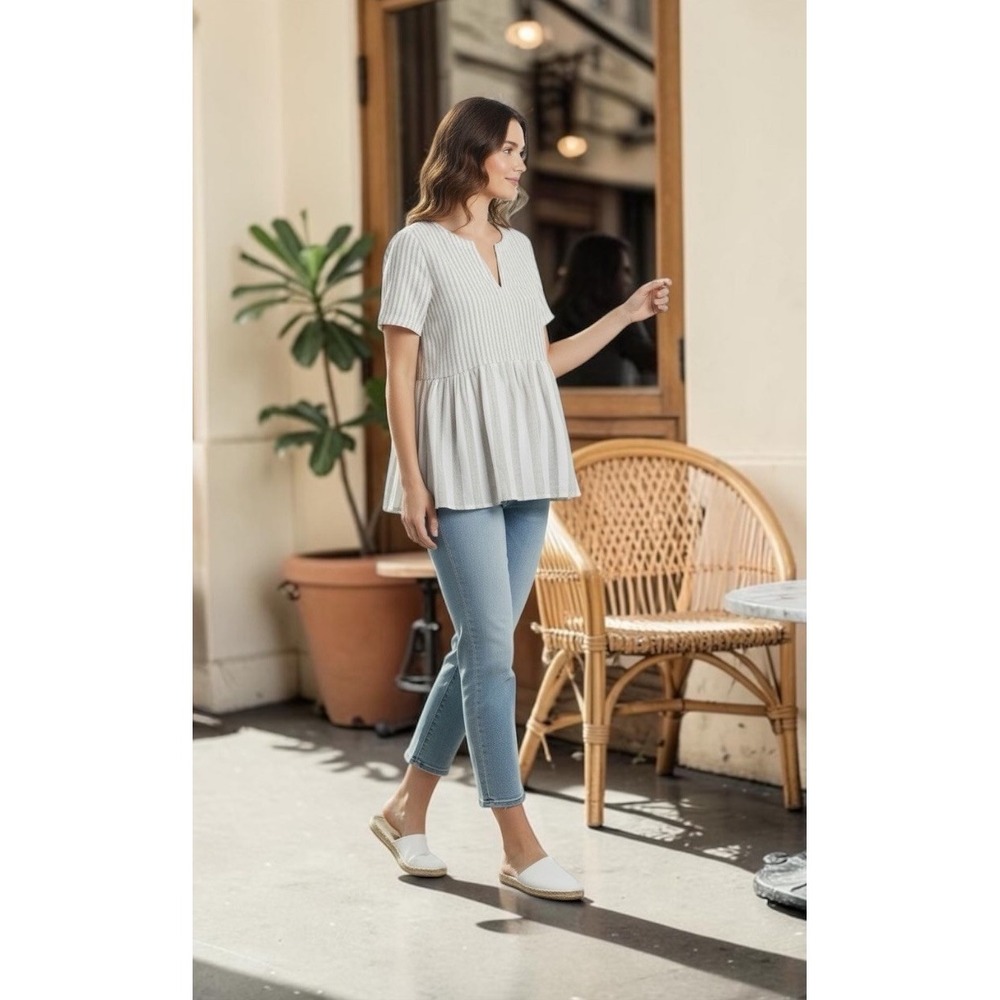 Anthropologie 11.1 TYLHO Vintage Stripe Peplum Blouse Size Medium Neutral